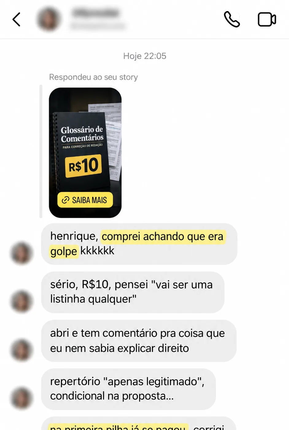 Depoimento no Instagram sobre os comentários prontos do Glossário