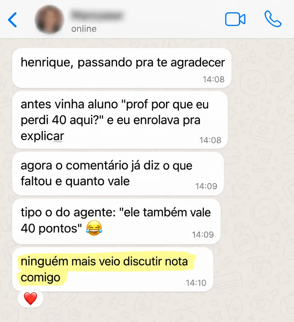 Depoimento no WhatsApp sobre comentários e critérios de correção