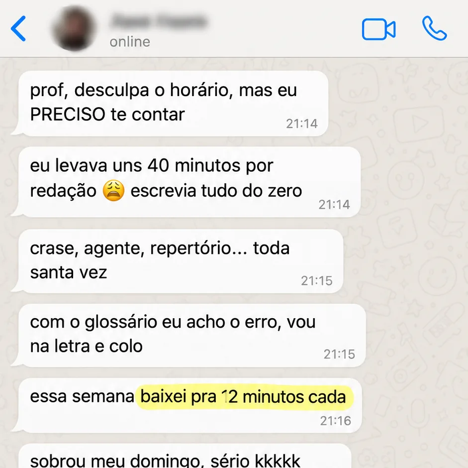 Depoimento no WhatsApp sobre a redução no tempo de correção