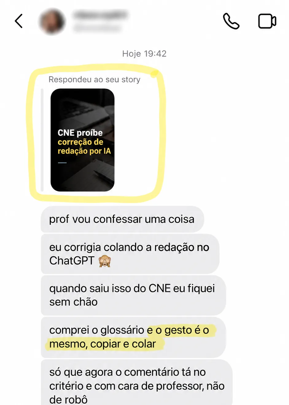 Depoimento no Instagram sobre a correção com o Glossário