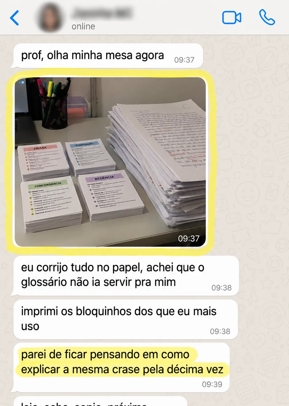 Depoimento no WhatsApp sobre o uso do Glossário no papel